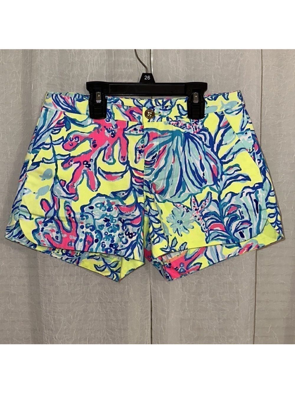 Lilly Pulitzer 00 4” ADIE Swim up Lemon Drop 💯 Cotton Coral 4 Pocket Shorts